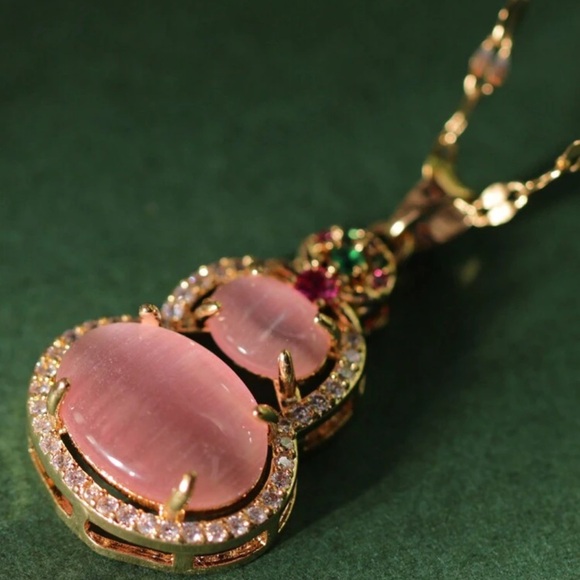 Gold Plated Pink, Red, And Colorful Cat's Eye Stone Gourd Chain Necklace - Picture 2 of 9